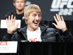 Paddy Pimblett of England is seen on stage during the UFC 282 press conference at MGM Grand Garden Arena on December 08, 2022 in Las Vegas, Nevada. (Photo by Chris Unger/Zuffa LLC)