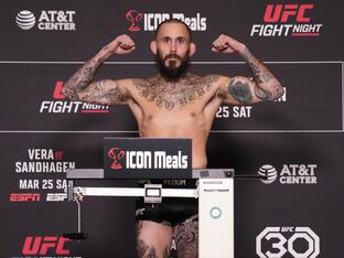 Marlon Vera of Ecuador poses on the scale during the UFC Fight Night official weigh-in at the Westin San Antonio North hotel on March 24, 2023 in San Antonio, Texas. (Photo by Mike Roach/Zuffa LLC via Getty Images)