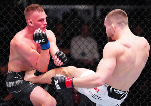Ludovit Klein of Slovakia kicks AJ Cunningham in a lightweight bout during the UFC Fight Night event at UFC APEX on March 02, 2024 in Las Vegas, Nevada. (Photo by Jeff Bottari/Zuffa LLC)