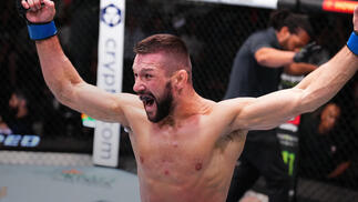 Mateusz Gamrot of Poland reacts after his victory over Rafael Fiziev of Kazakstan in a lightweight fight during the UFC Fight Night event at UFC APEX on September 23, 2023 in Las Vegas, Nevada. (Photo by Chris Unger/Zuffa LLC)